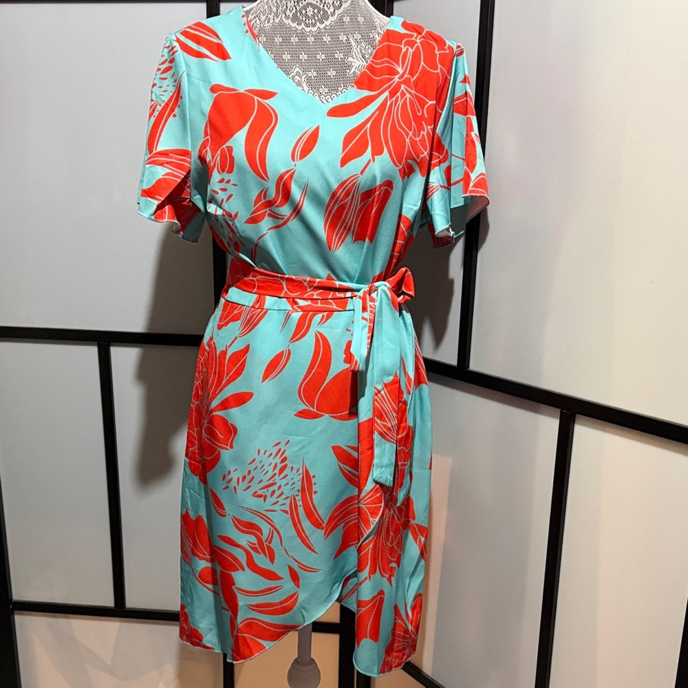 SHEIN Aqua & Coral Floral Wrap Midi Dress with Tie Waist